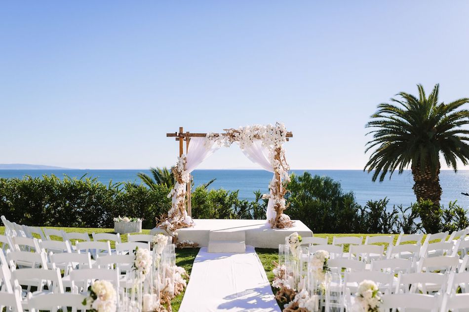 beach wedding, all white wedding, wedding ceremony, wedding flowers, orange county florist, bel air bay club, flowers by cina