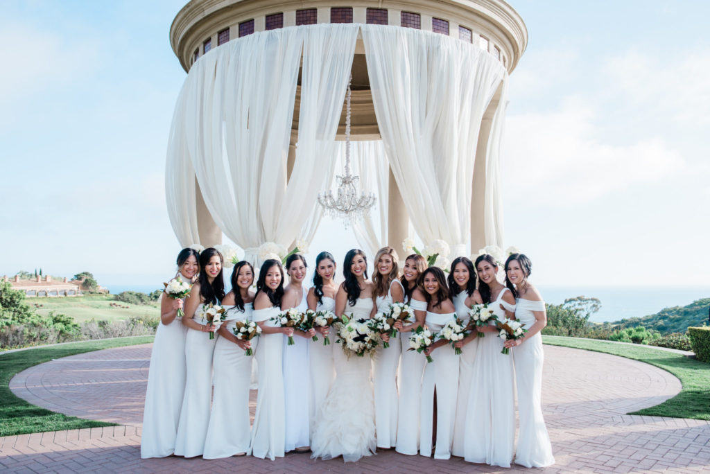 bridesmaids, bridal party, white bridesmaid dresses, floral design, florist, wedding florist, wedding flowers, orange county weddings, orange county wedding florist, orange county florist, orange county floral design, flowers by cina