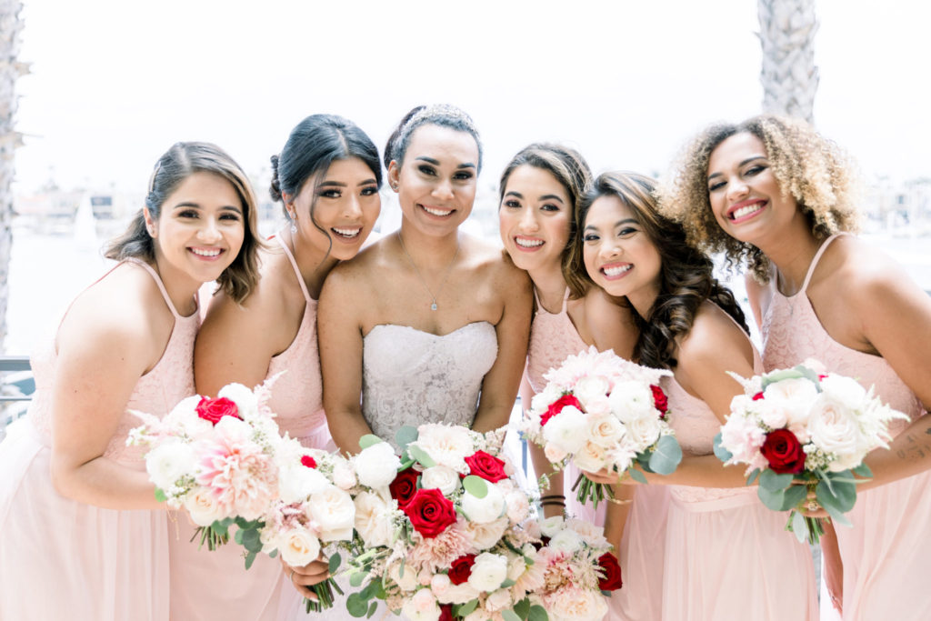 blush bridesmaid dresses, red and blush bouquets, colorful bouquets, floral design, florist, wedding florist, wedding flowers, orange county weddings, orange county wedding florist, orange county florist, orange county floral design, flowers by cina