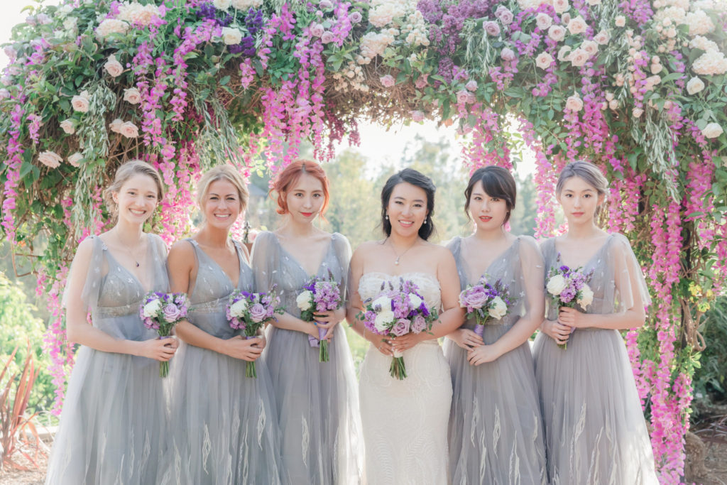 purple bridesmaids dresses, purple floral arch, purple bouquets, floral design, florist, wedding florist, wedding flowers, orange county weddings, orange county wedding florist, orange county florist, orange county floral design, flowers by cina