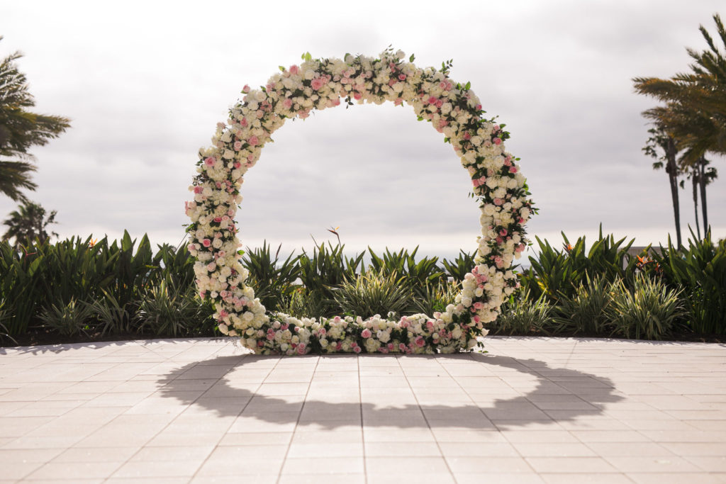 pink floral arch, blush floral arch, circular floral arch, floral design, florist, wedding florist, wedding flowers, orange county weddings, orange county wedding florist, orange county florist, orange county floral design, flowers by cina