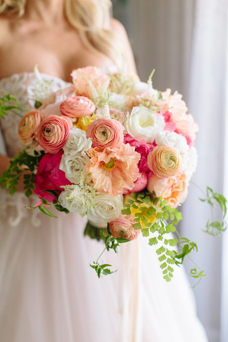 inside weddings feature, pink bridal bouquet, pink and orange bouquet, floral design, florist, wedding florist, wedding flowers, orange county weddings, orange county wedding florist, orange county florist, orange county floral design, flowers by cina