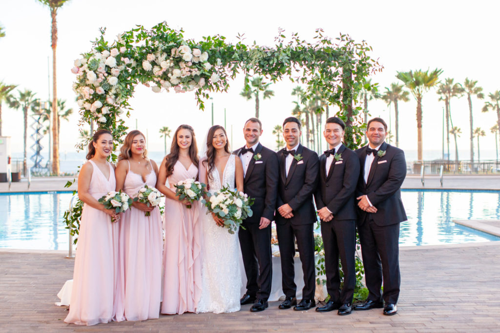 romantic waterfront wedding, bridal party, pink bridesmaid dresses, floral design, florist, wedding florist, wedding flowers, orange county weddings, orange county wedding florist, orange county florist, orange county floral design, flowers by cina