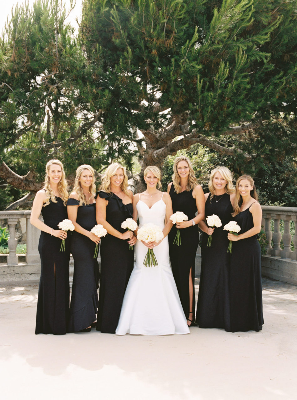 black bridesmaid dresses, white bouquet, european-inspired wedding, floral design, florist, wedding florist, wedding flowers, orange county weddings, orange county wedding florist, orange county florist, orange county floral design, flowers by cina