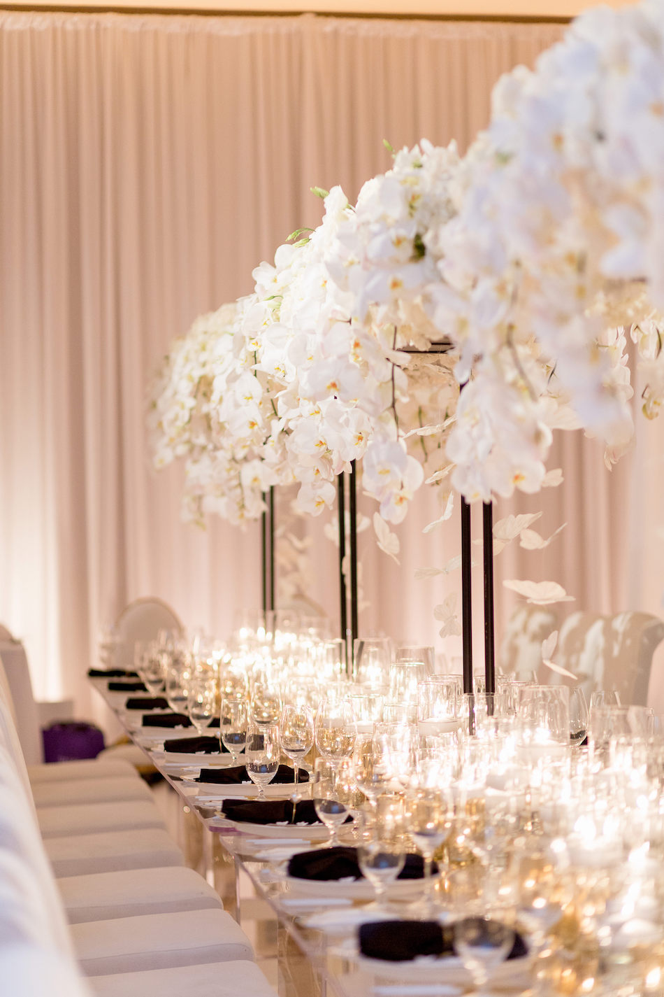elevated centerpiece, white reception florals, orchid centerpiece, floral design, florist, wedding florist, wedding flowers, orange county weddings, orange county wedding florist, orange county florist, orange county floral design, flowers by cina