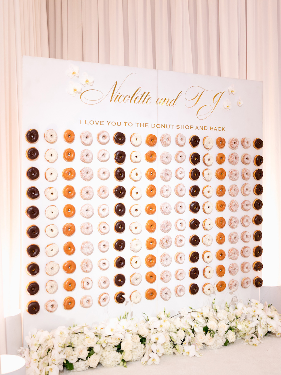 donut, donut wall, wedding decor, floral design, florist, wedding florist, wedding flowers, orange county weddings, orange county wedding florist, orange county florist, orange county floral design, flowers by cina